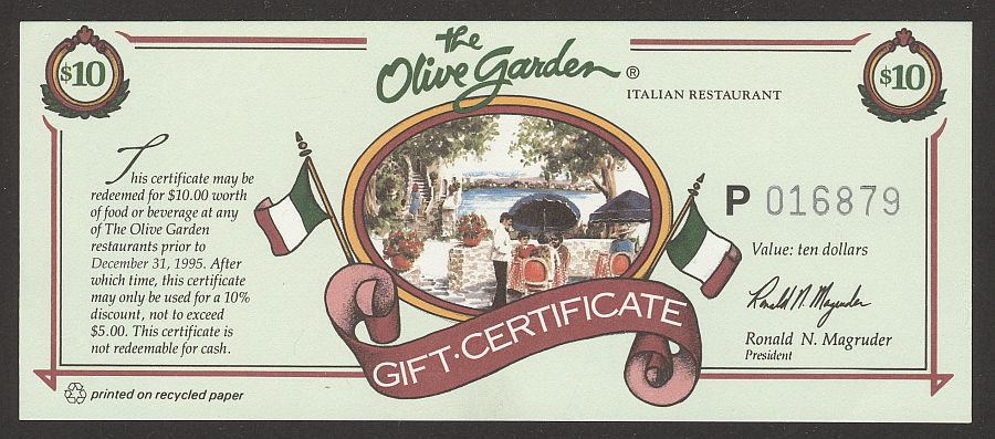 Olive Garden $10 Gift Certificate circa 1990's